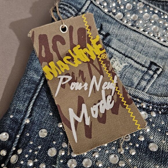 Machine Nouvelle Mode Jeans Size 15 Stretch Straight Leg Blue Distress Bling Y2K - Picture 7 of 12